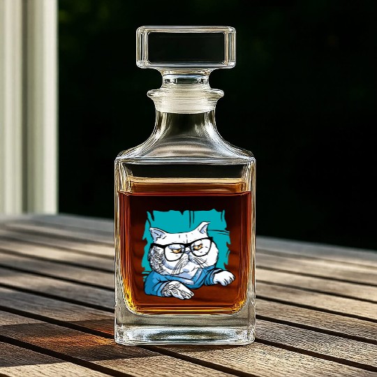 Stylish Nerd Persian Cat Beanie Glasses Tattoo Whiskey Decanters