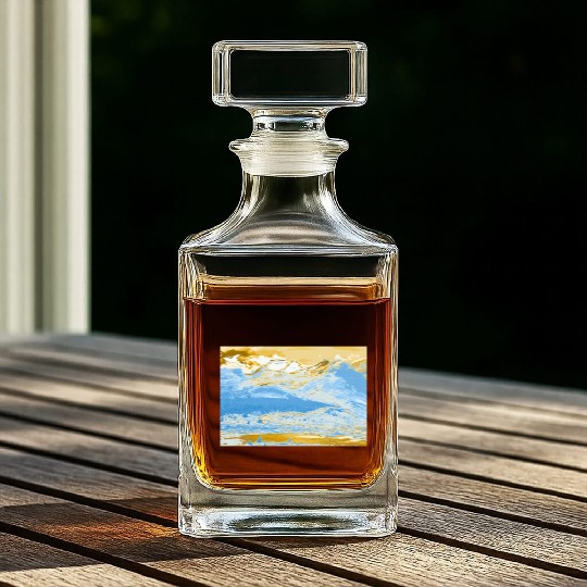 Golden Blue Mountain Lake Whiskey Decanters