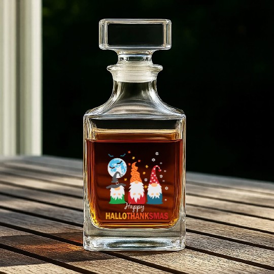 Happy Hallothanksmas Gnomes Lover Halloween Whiskey Decanters