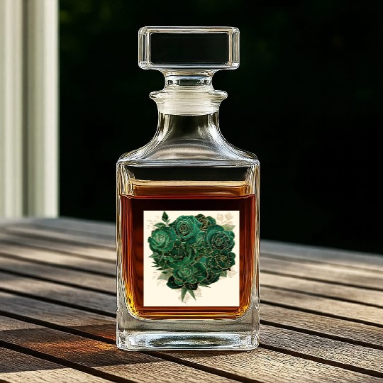 Green and Gold Glam Roses Pattern Whiskey Decanters