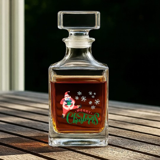 Merry Christmas in Green Font and Pink Santa Whiskey Decanters
