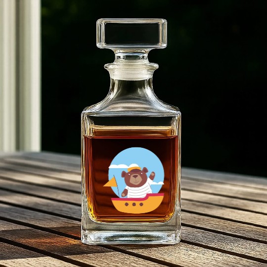 kawaii cute brown baby bear sailing on a boat Whiskey Decanters