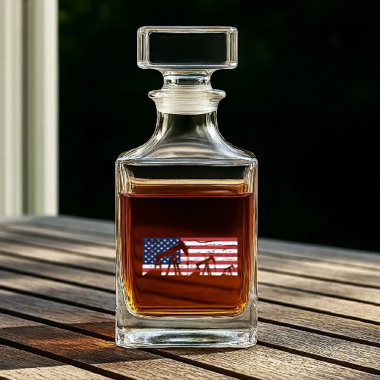 US American Flag Oilfield Oil Field Rig Refinery W Whiskey Decanters