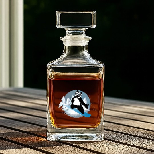 cool panda bear is snowboarding in the mountains Whiskey Decanters