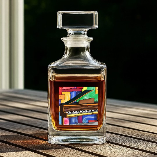 A beautiful piano in front of a colorful art Whiskey Decanters