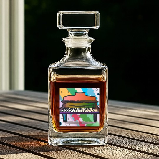 A beautiful piano in front of a colorful rainbow Whiskey Decanters