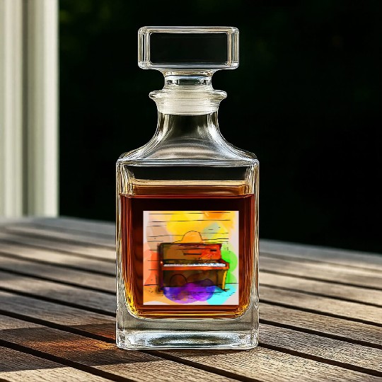 A beautiful piano in front of a colorful wall Whiskey Decanters