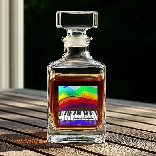A beautiful piano in front of a colorful rainbow Whiskey Decanters