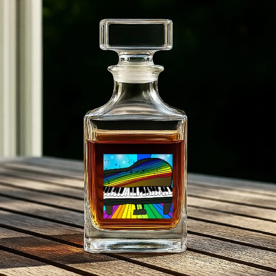 piano in front of a colorful rainbow Whiskey Decanters