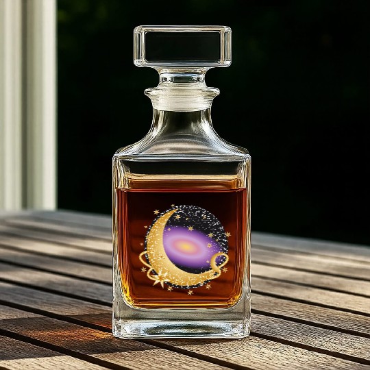 glowing violet galaxy with moon and stars Whiskey Decanters