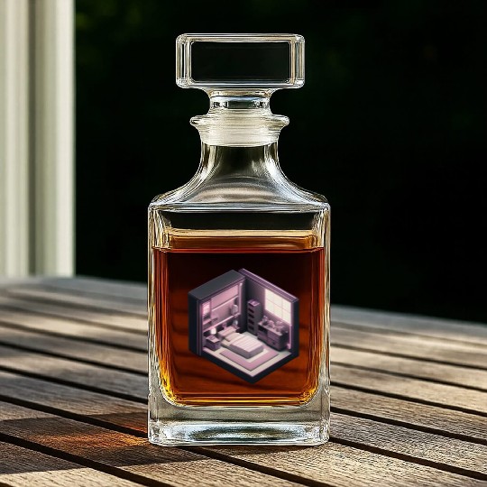 Isometric Voxel Bedroom - Synthwave Future Render Whiskey Decanters
