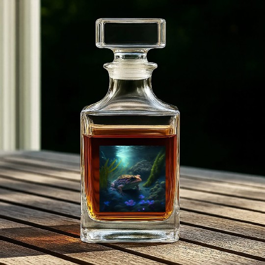A toad in a creek the toad has blue glowing eyes Whiskey Decanters