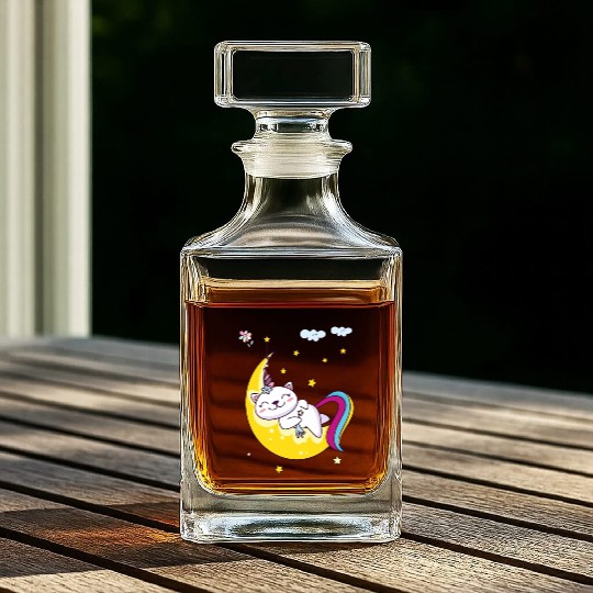 Unicorn pony cat on the moon, magic sleeping time Whiskey Decanters
