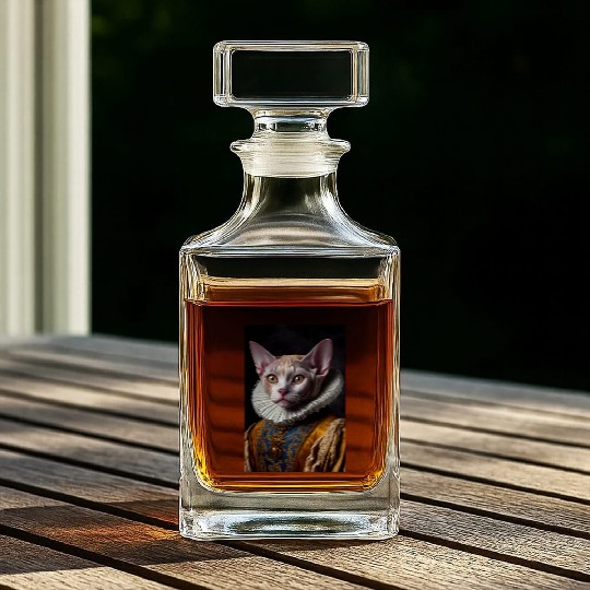 Black Queen Devon Rex Cat Breed Portrait Royal Ren Whiskey Decanters
