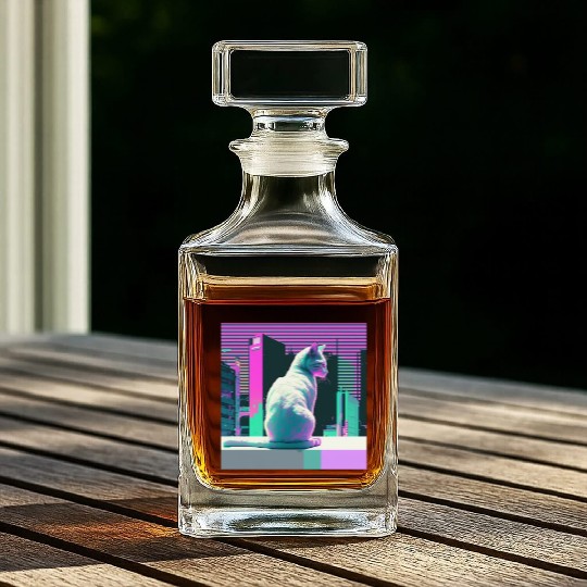 Vaperwave Aesthetic Glitch Cat Retrowave Synthwave Whiskey Decanters