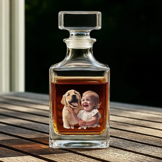 Sweet baby smiling with lovely puppy Whiskey Decanters