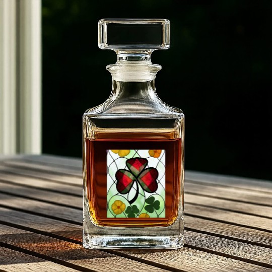 Red plaid Shamrock with Yellow Poppies (AI Art) Whiskey Decanters