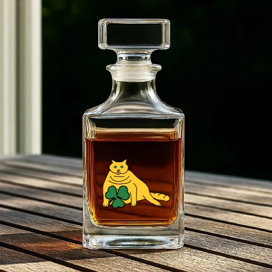 Saint Patricks Day Yellow Chonk Cat with Shamrock Whiskey Decanters