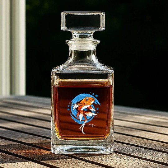 Carp Koi Fish on Blue waves green Whiskey Decanters