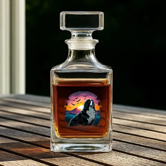 Bernese Mountain Dog with Mountain Sunrise view Whiskey Decanters