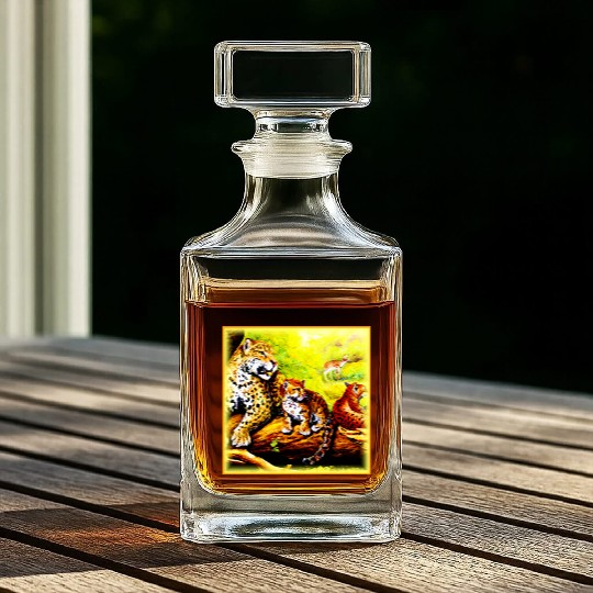 Jaguar Mom and Cubs Relaxing in Jungle. Buy Now Whiskey Decanters