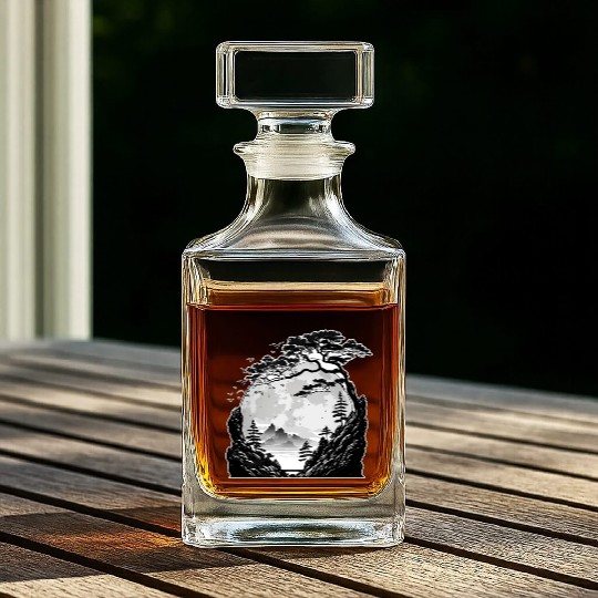Japanese Mountain Landscape Gothic Full Moon Fores Whiskey Decanters