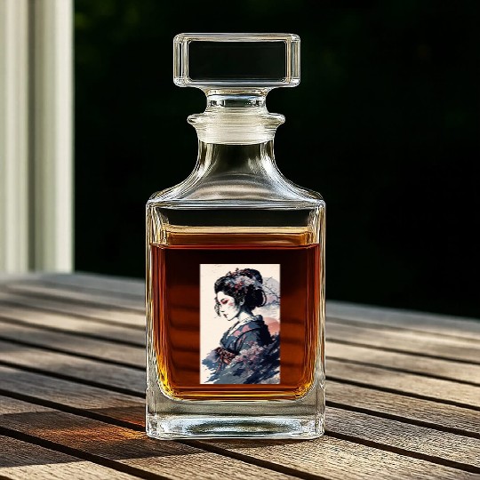 Geisha Watercolor Sea Waves Asian Art Woman Whiskey Decanters