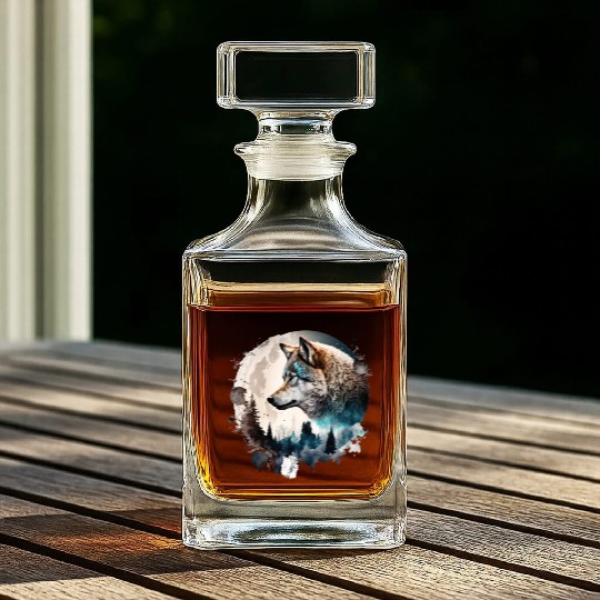 Wolf Moonlight Forest Wild Werewolf Watercolor Whiskey Decanters