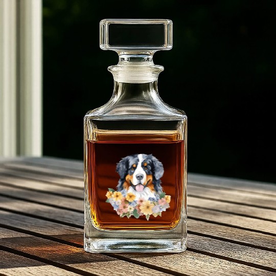 Bernese Mountain Dog Watercolor Floral Whiskey Decanters
