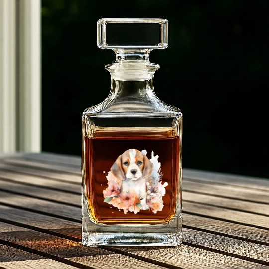 Beagle Puppy Dog Watercolor Floral Whiskey Decanters