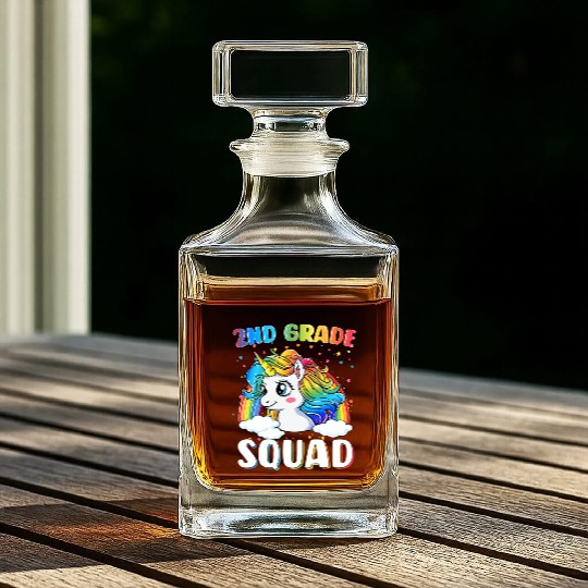 2nd Grade Squad Unicorn Rainbow Back Whiskey Decanters
