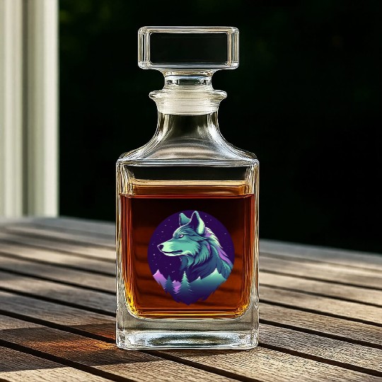 Starry Night Wolf With Northern Light Colors Whiskey Decanters