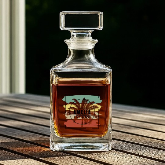 Amelia Island Florida Palm Tree Retro Artistic Whiskey Decanters