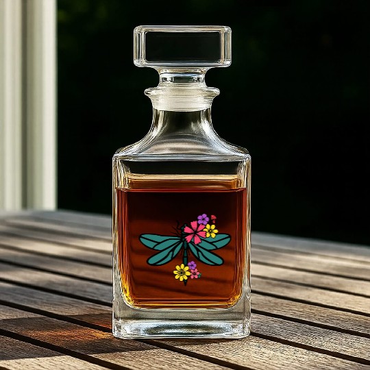dragonfly with colorful flowers Whiskey Decanters