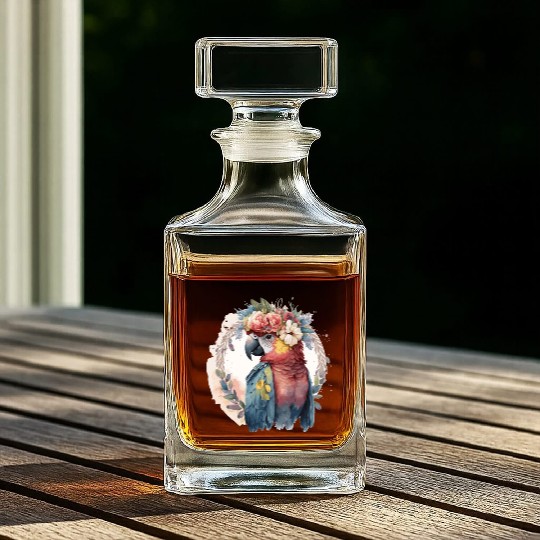 Watercolor Parrot Macaw Bird Flower Crown Pet Bird Whiskey Decanters
