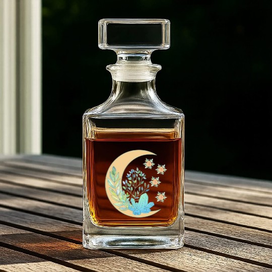 Floral Crescent Moon Healing Crystal Garden Witch Whiskey Decanters