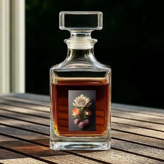 a painting of a flower on a gray background 1 Whiskey Decanters