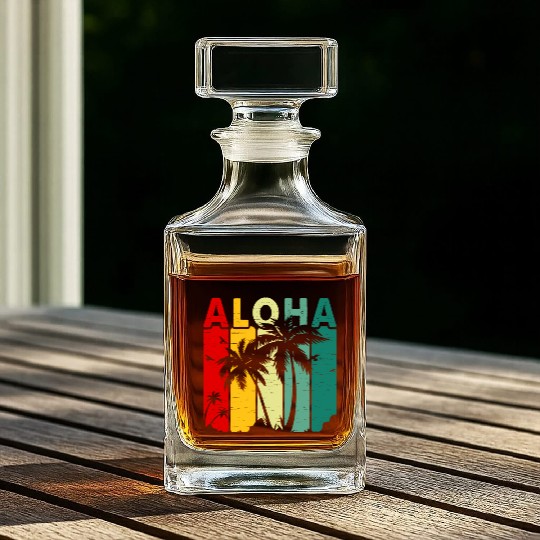 Retro Aloha Hawaii Tropical Summer Palm Tree Hawai Whiskey Decanters