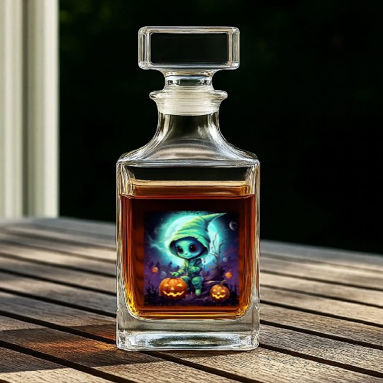 Alien Halloween: Green Extraterrestrial with Whiskey Decanters