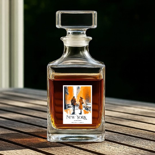 Watercolor painting loving couple in New York City Whiskey Decanters
