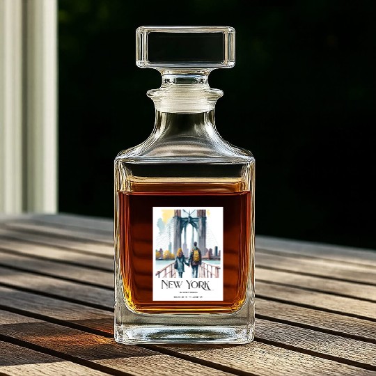 Watercolor painting loving couple in New York City Whiskey Decanters