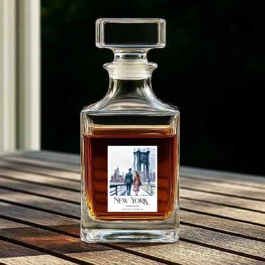 Watercolor painting loving couple in New York City Whiskey Decanters