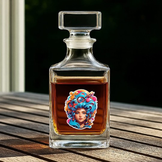 Psychedelic girl with multi color hair. futuristic Whiskey Decanters