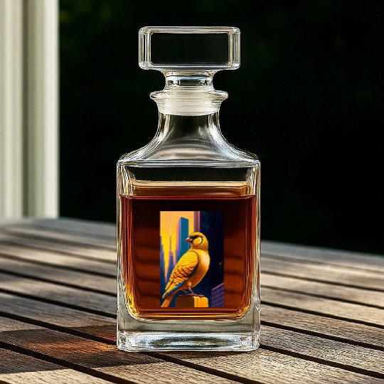 Photo of of a huge gold finch bird in a fusion cit Whiskey Decanters