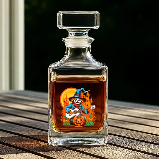 Happy Halloween scarecrow plays guitar Whiskey Decanters