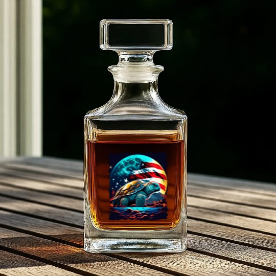 America turtle under Moon with American Flag Whiskey Decanters