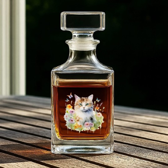 CAT Watercolor Flowers Butterflies Whiskey Decanters