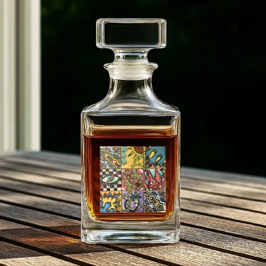 Hand painted wooden squares art by KateToxin Whiskey Decanters