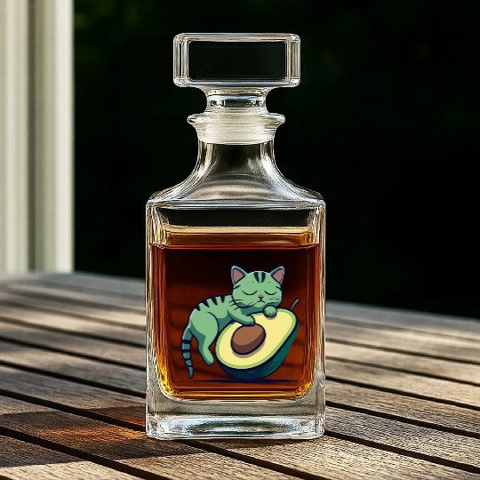 Green Cat W/Black Stripes Sleeping On An Avocado Whiskey Decanters