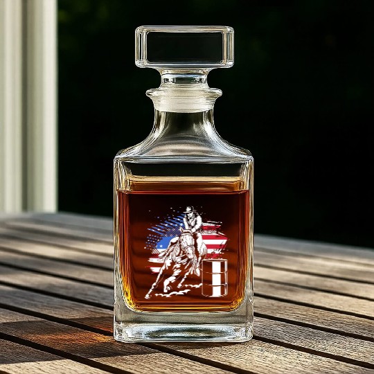 Retro American Flag Cowgirl Horse Barrel Racing Whiskey Decanters